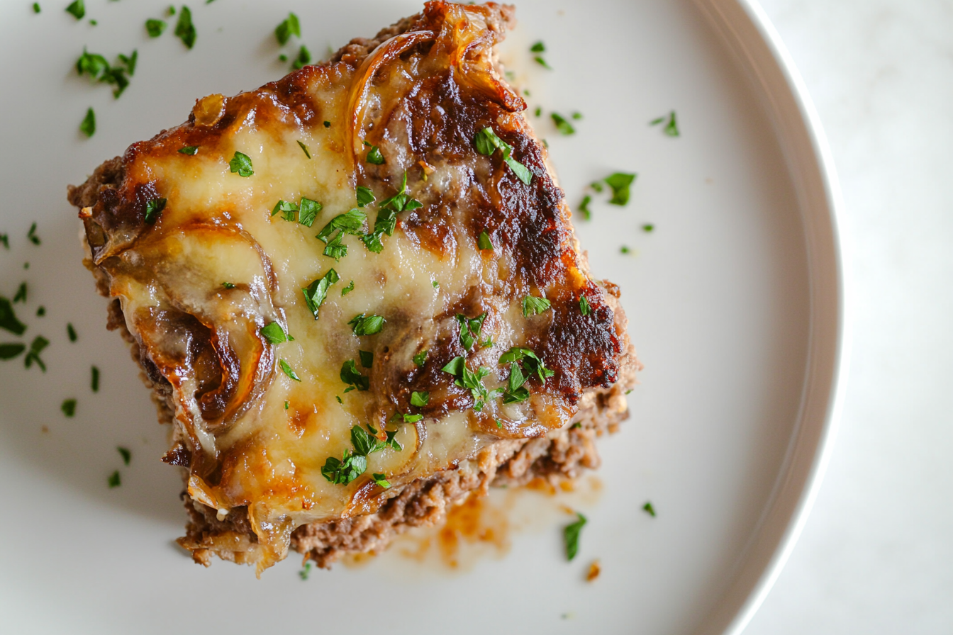 french onion meatloaf plated