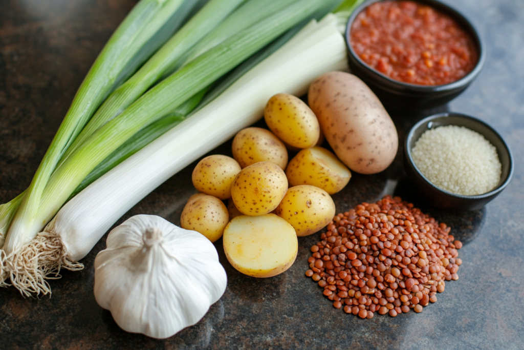 smoky lentil stew with leeks and potatoes chorizo closeup