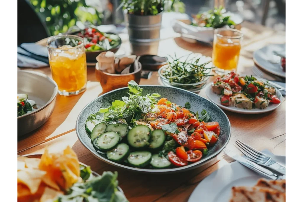 A bowl of spicy cucumber salad with fresh tomatoes and herbs on a sunlit dining table