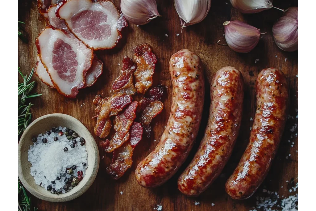 A rustic arrangement of grilled sausages, bacon slices, smoked meat, fresh garlic cloves, coarse salt, and black peppercorns on a wooden board.