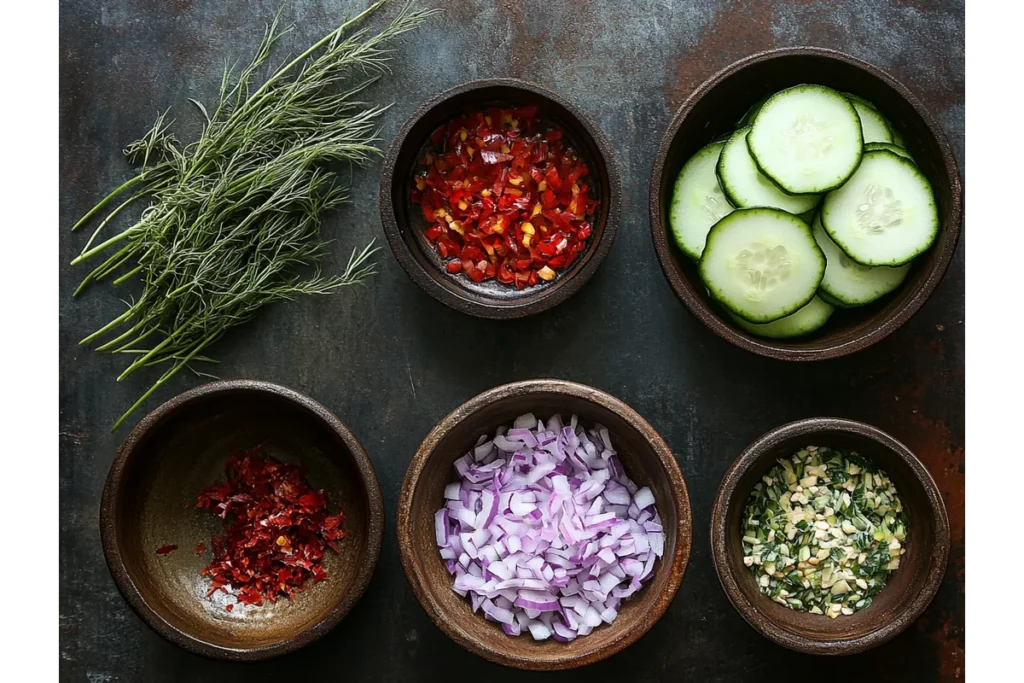 Ingredients for spicy cucumber salad, including sliced cucumbers, chopped chilies, onions, and fresh herbs, arranged in rustic bowls.