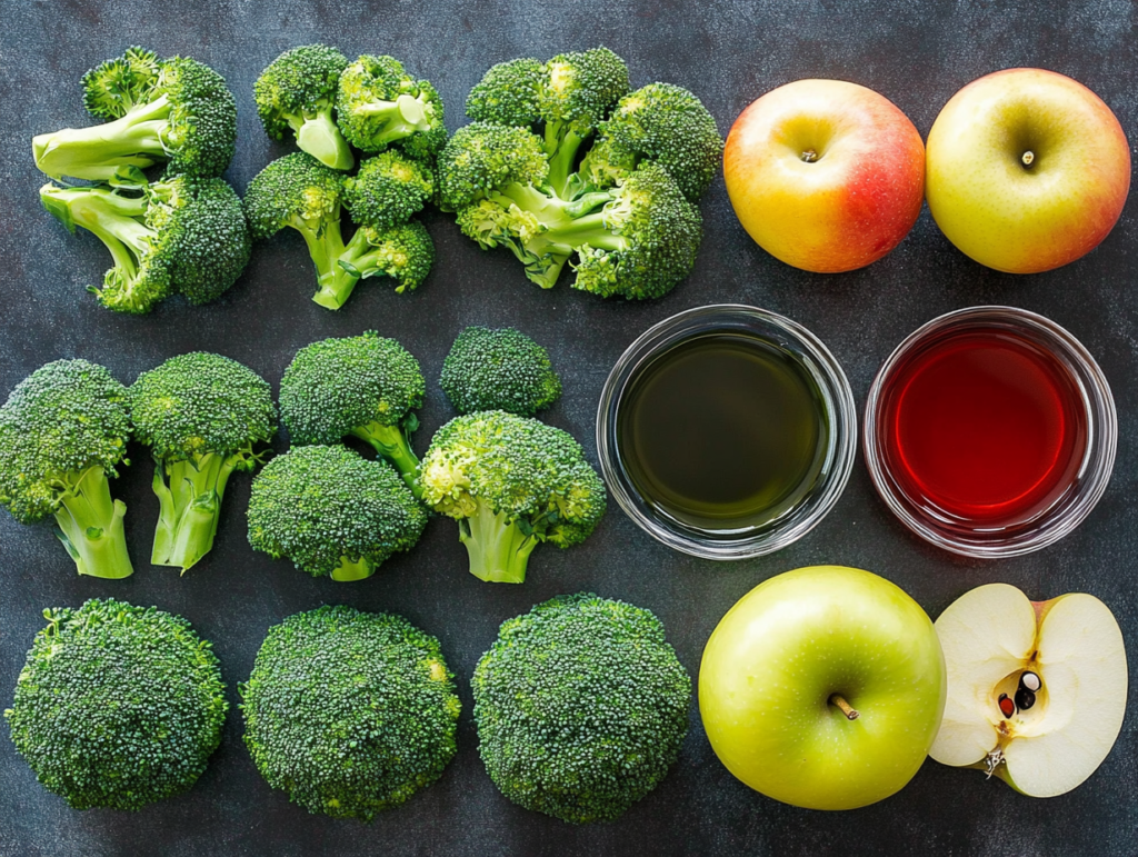 Fresh broccoli florets, whole Honeycrisp and Granny Smith apples, and small glass bowls of olive oil and apple cider vinegar arranged on a dark surface.