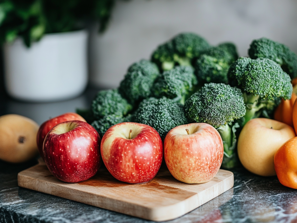 Fresh red Honeycrisp apples on a wooden cutting board with broccoli florets in the background, set on a marble countertop.