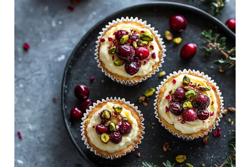 Overhead view of no bake cheesecake cups topped with glossy cranberries and crushed pistachios in paper liners.