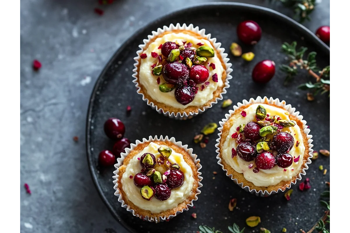 Overhead view of no bake cheesecake cups topped with glossy cranberries and crushed pistachios in paper liners.