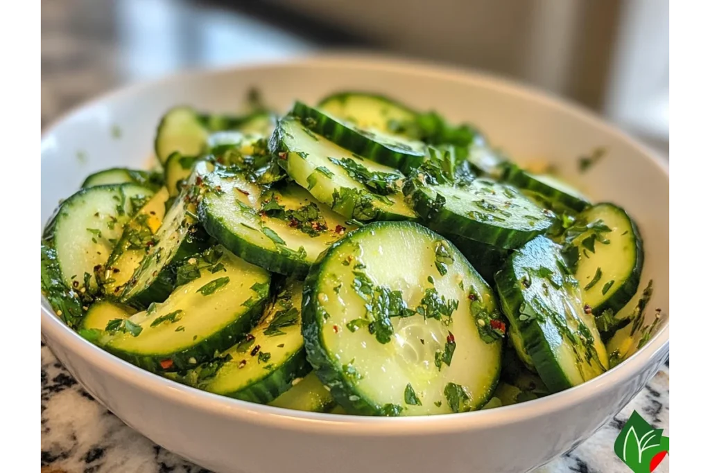 A bright bowl of spicy cucumber salad garnished with fresh herbs and chili flakes