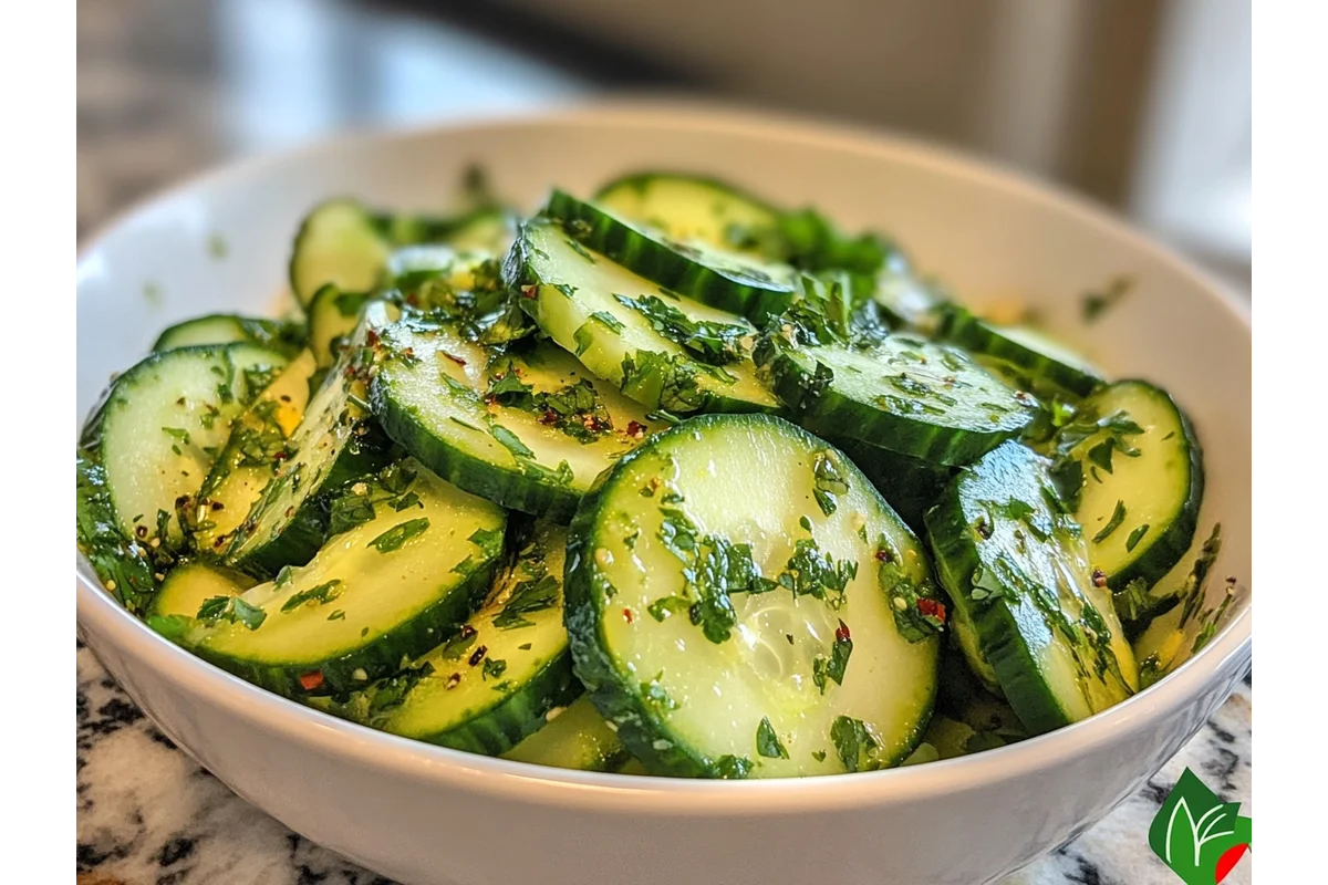 A bright bowl of spicy cucumber salad garnished with fresh herbs and chili flakes