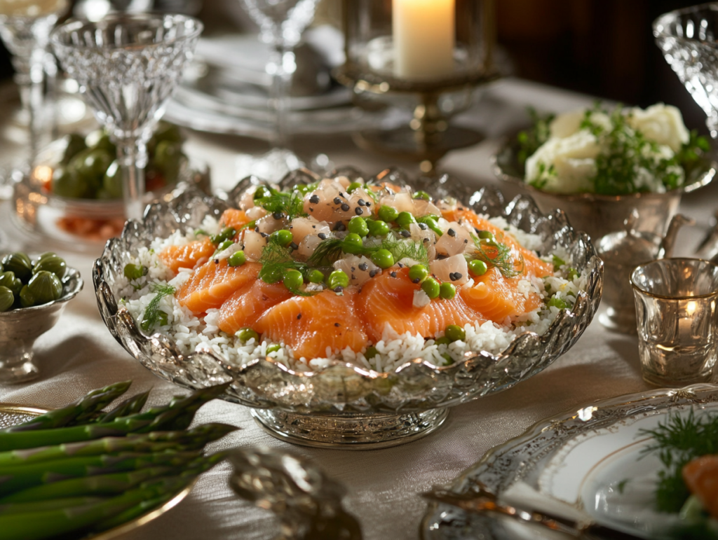 A luxurious plate of sushi-grade salmon and rice garnished with green peas, herbs, and black sesame seeds, elegantly displayed in a crystal bowl on a formal dining table with silverware and candles.