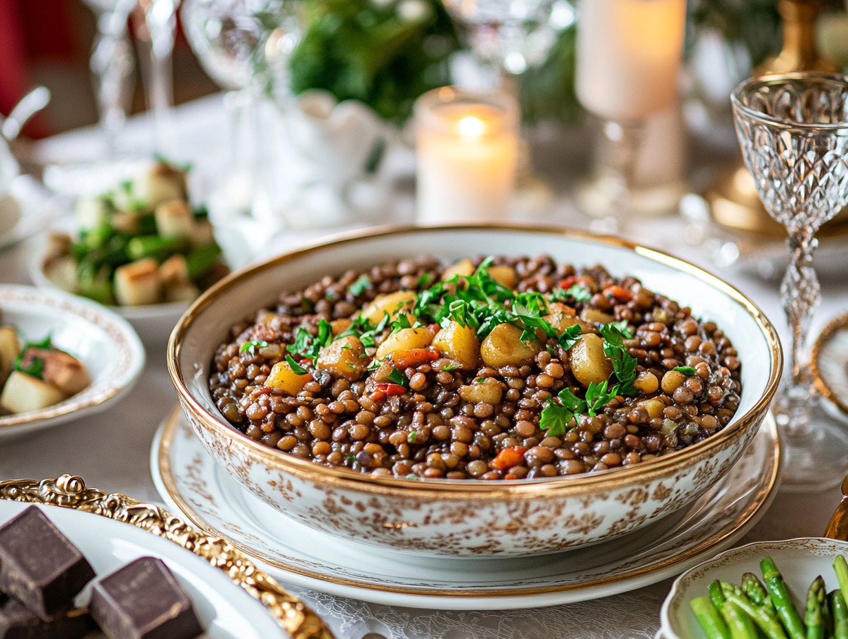 A decorative bowl of warm lentil stew garnished with fresh parsley, surrounded by a formal dining setup with candles, crystal glasses, and side dishes.