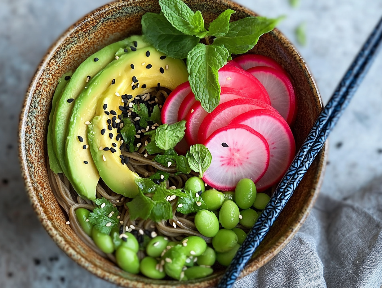 A vibrant soba noodle bowl topped with avocado slices, radish rounds, edamame, mint leaves, and sesame seeds, served in a rustic ceramic bowl with chopsticks.