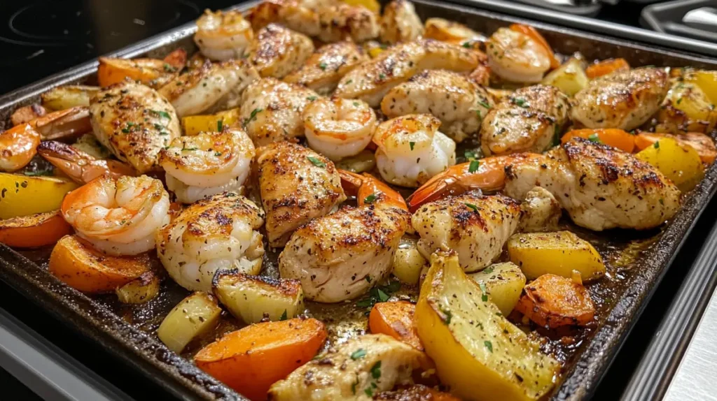 chicken and shrimp sheet pan closeup