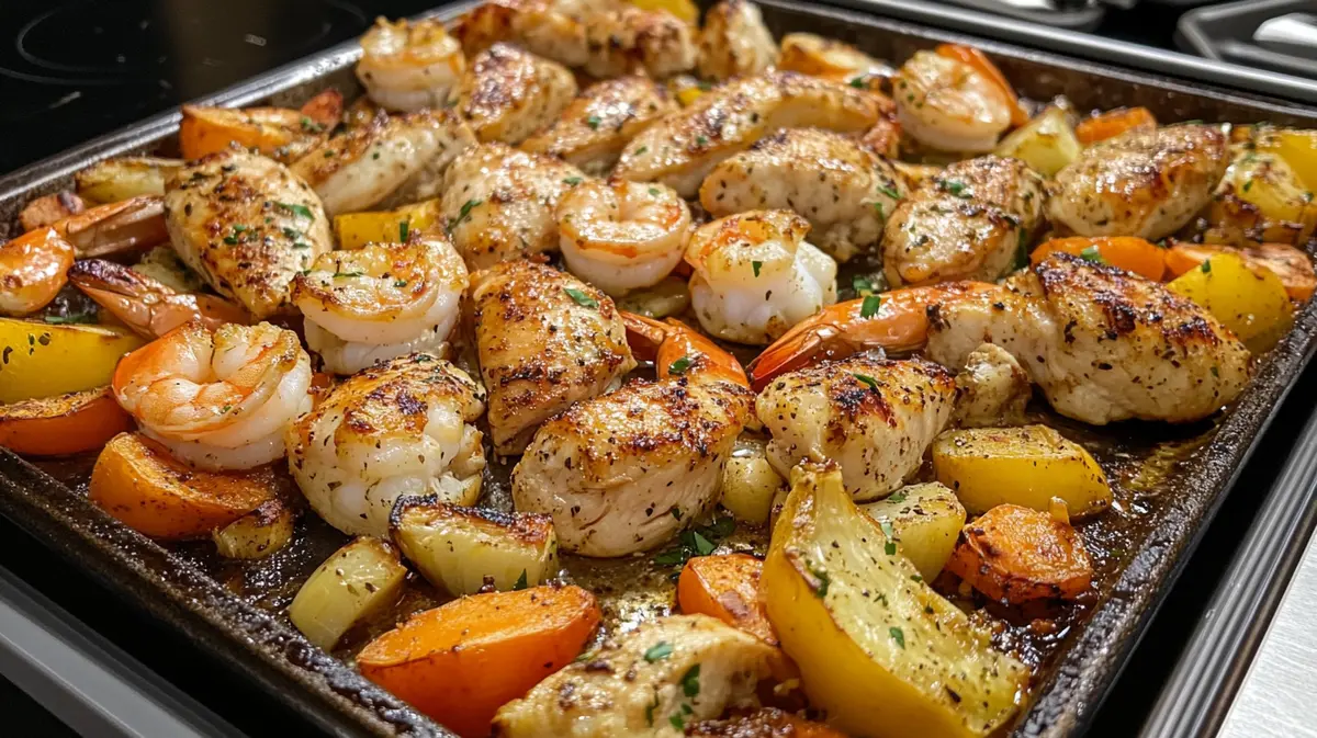 chicken and shrimp sheet pan closeup