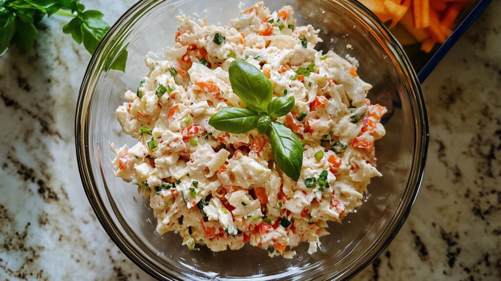 A clear glass bowl filled with creamy crab salad garnished with fresh basil leaves.