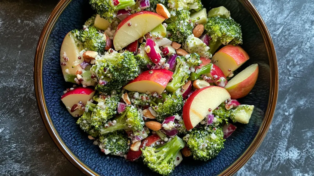 Delicious honeycrisp apple broccoli salad in a bowl