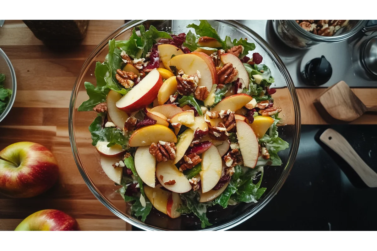 A clear bowl of taffy apple salad topped with chopped peanuts and caramel drizzle