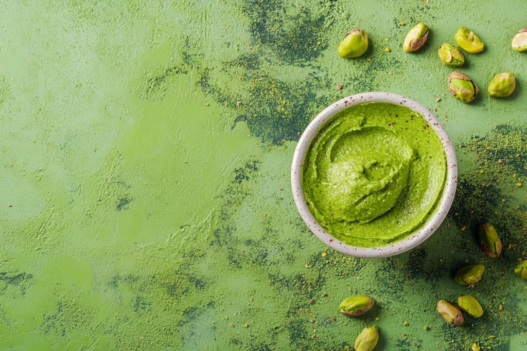 Top-down view of a bowl of vibrant green pistachio cream on a textured green background with scattered pistachios