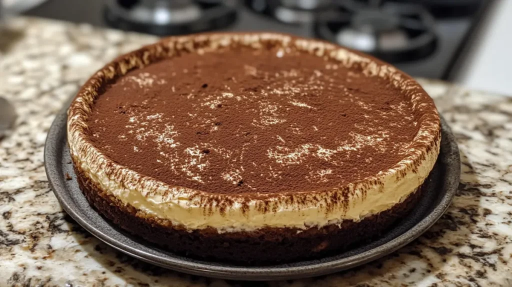 A creamy tiramisu cake with a cocoa powder topping, served on a black plate, placed on a granite countertop.