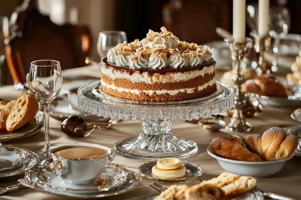 tiramisu cake on a crystal stand