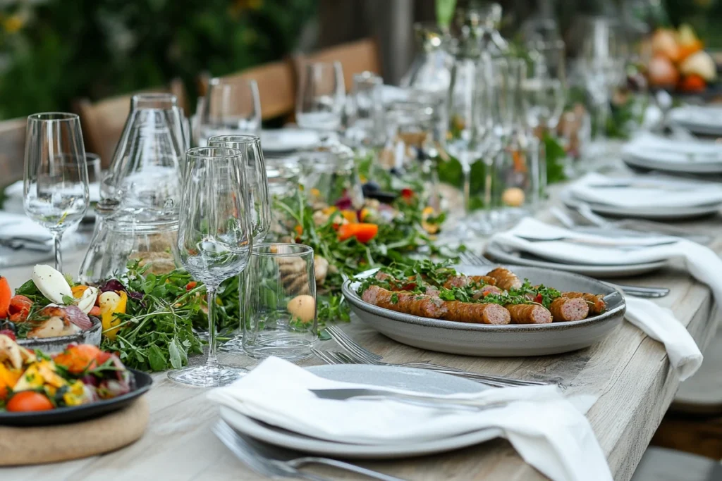 Elegant Field Roast Sausage dining table set with dishes, salads, sausages, and glassware for a rustic garden gathering. 