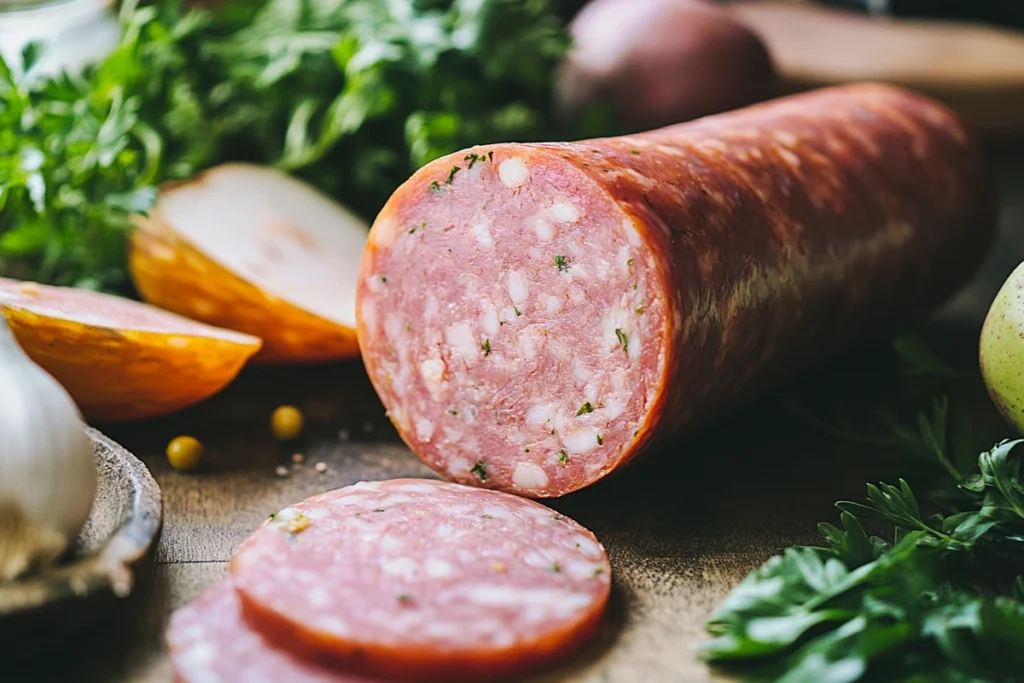 Close-up of a sliced field roast sausage on a wooden surface, surrounded by fresh herbs and vegetables.