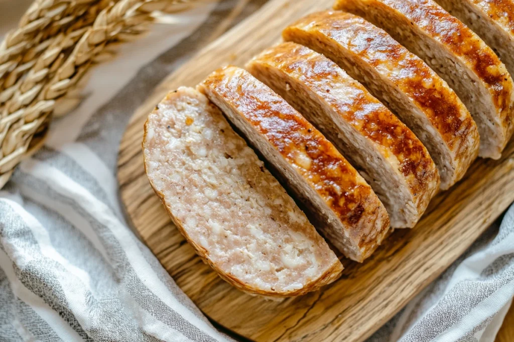 Close-up of field roast sausage on a wooden cutting board, showcasing its golden crust and tender interior.