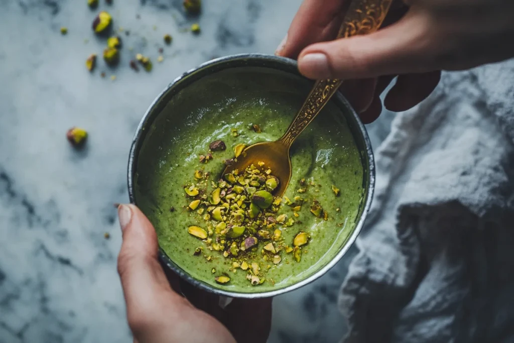 Hands holding a bowl of green pistachio cream topped with crushed pistachios and a golden spoon."