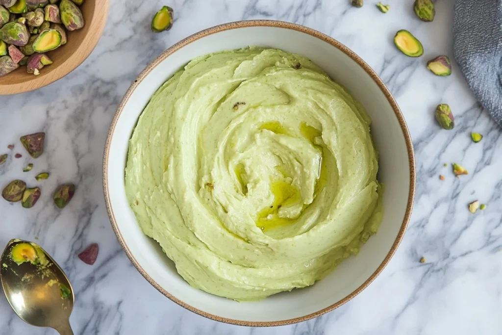 Bowl of creamy pistachio spread topped with a drizzle of oil, surrounded by scattered pistachios on a marble surface.